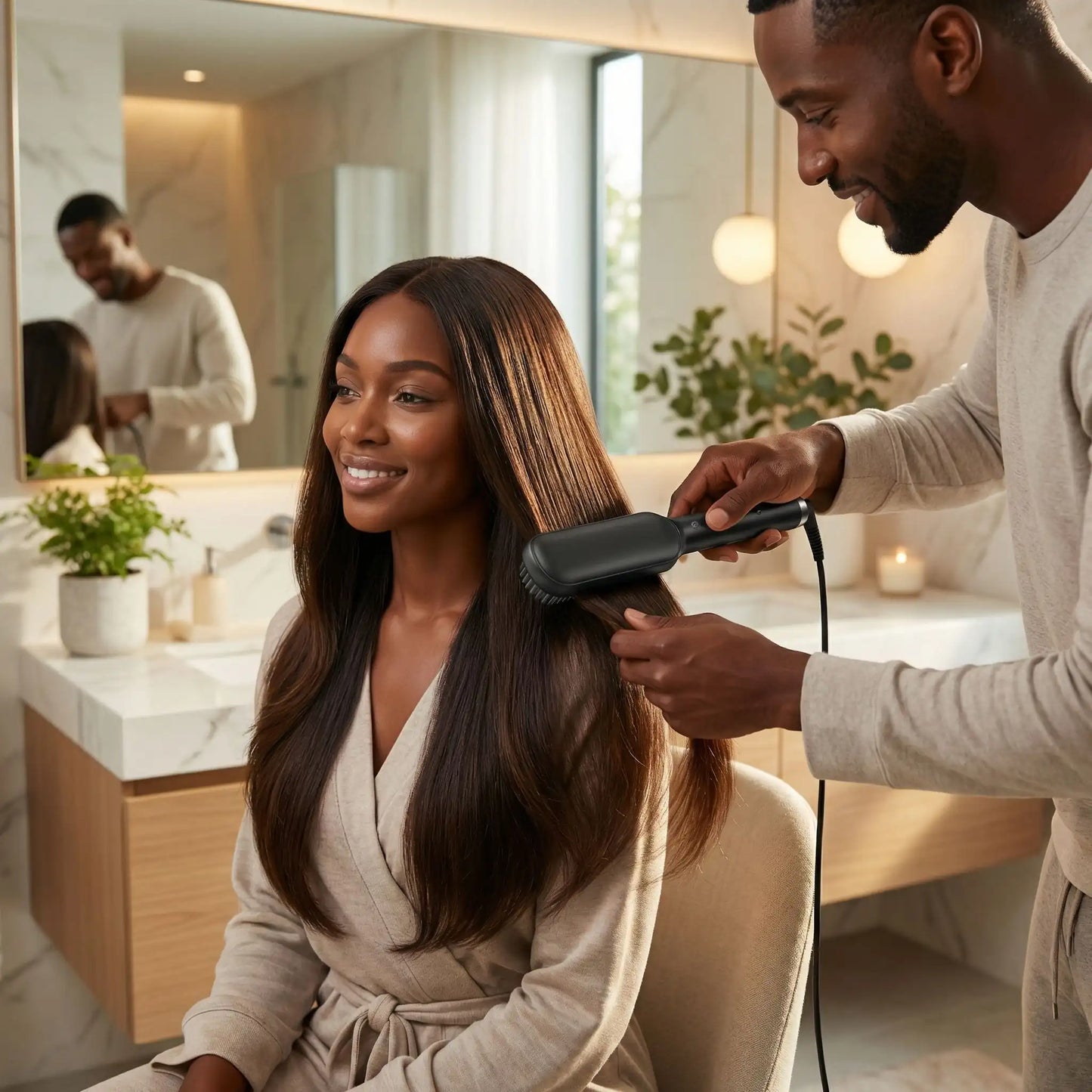 Homme coiffant sa femme avec brosse chauffante