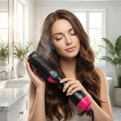 belle femme se coiffe avec brosse soufflante pro