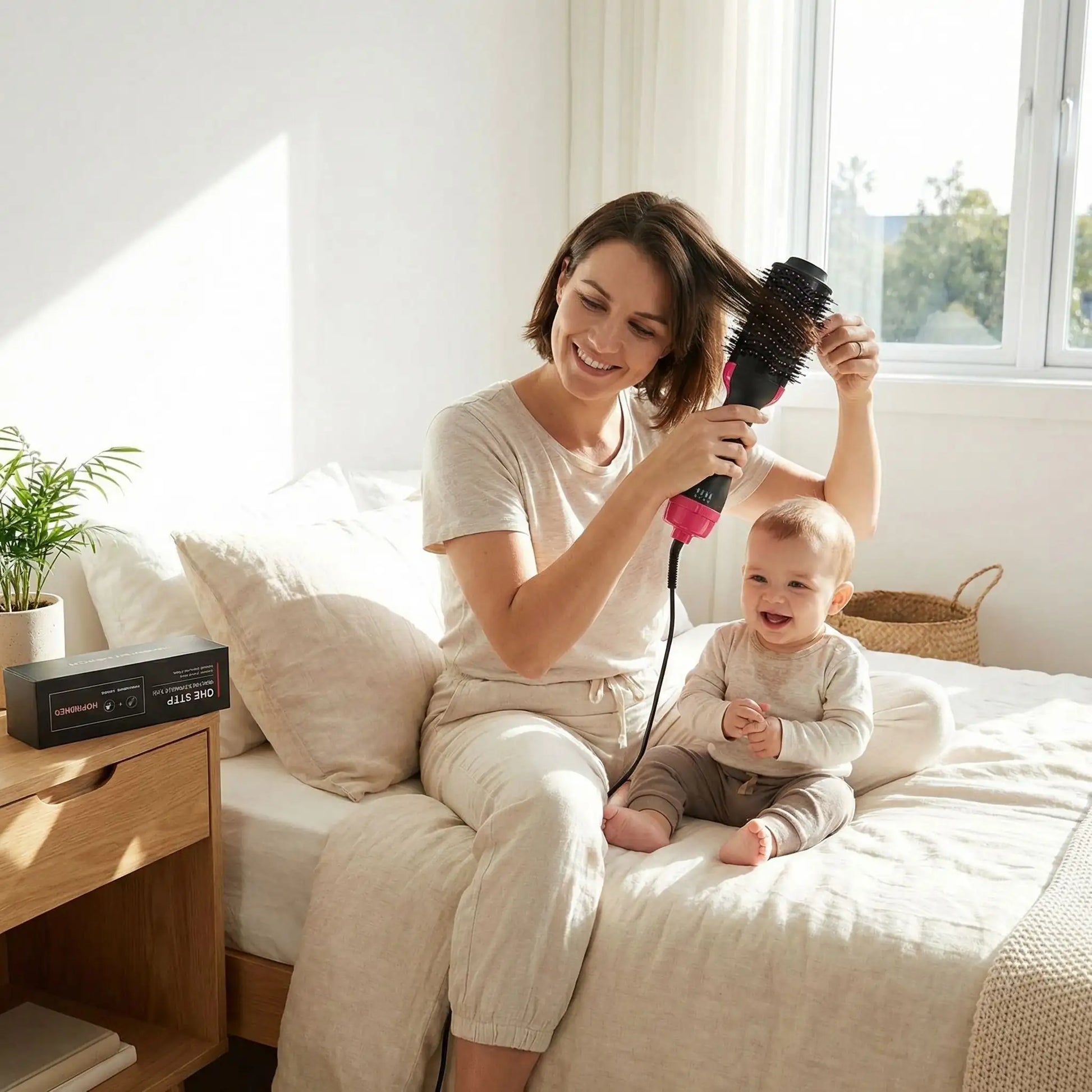 femme se coiffe avec brosse soufflante en surveillant son bebe 